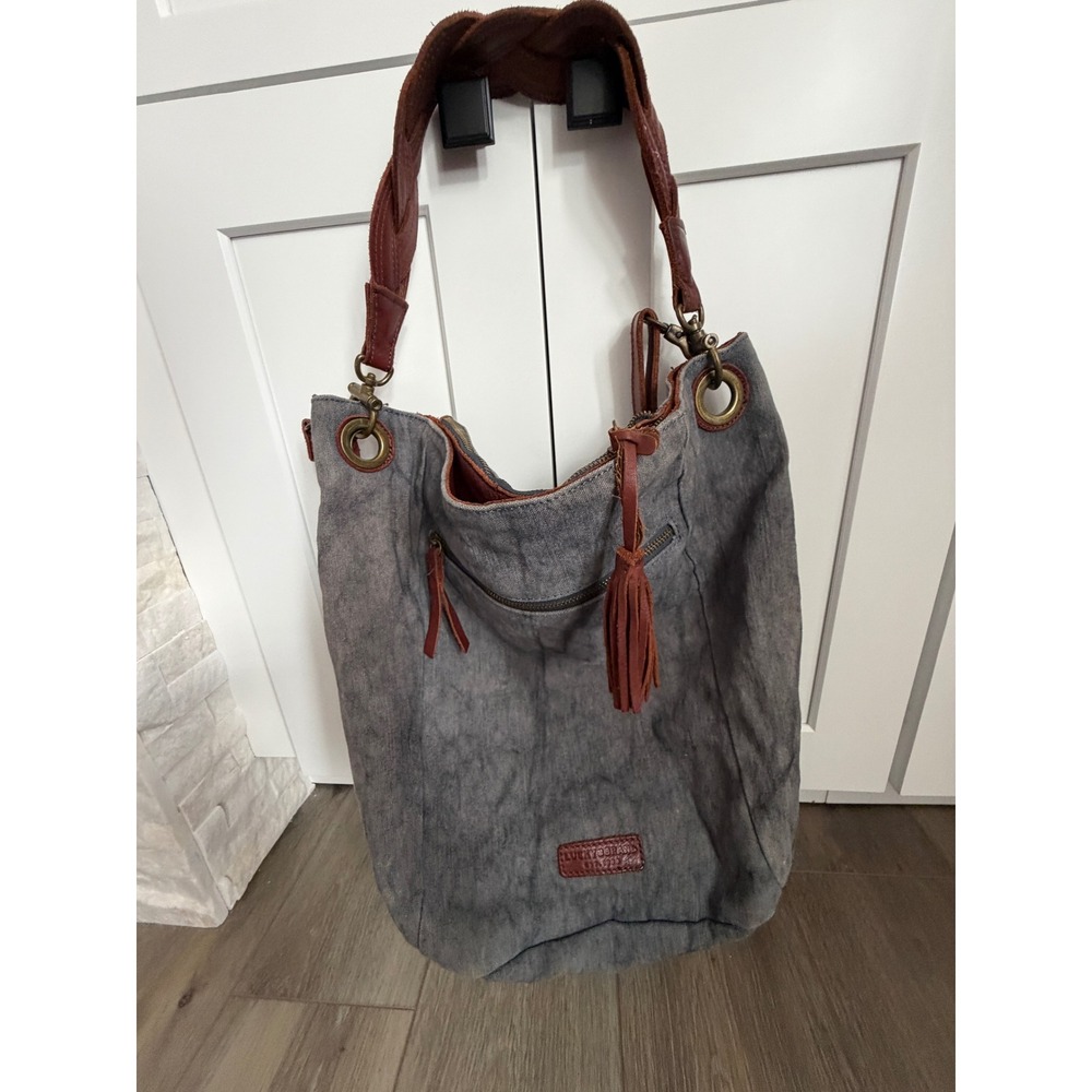 Lucky Brand Grey Canvas Leather Trim Hobo Bag Braided Handle Crossbody Tassel